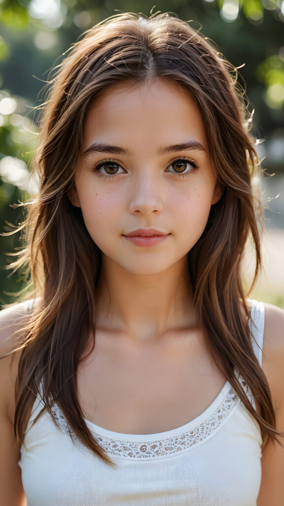 super realistic, detailed portrait, a beautiful young petite girl with long brown hair looks sweetly into the camera. She wears a white tank top