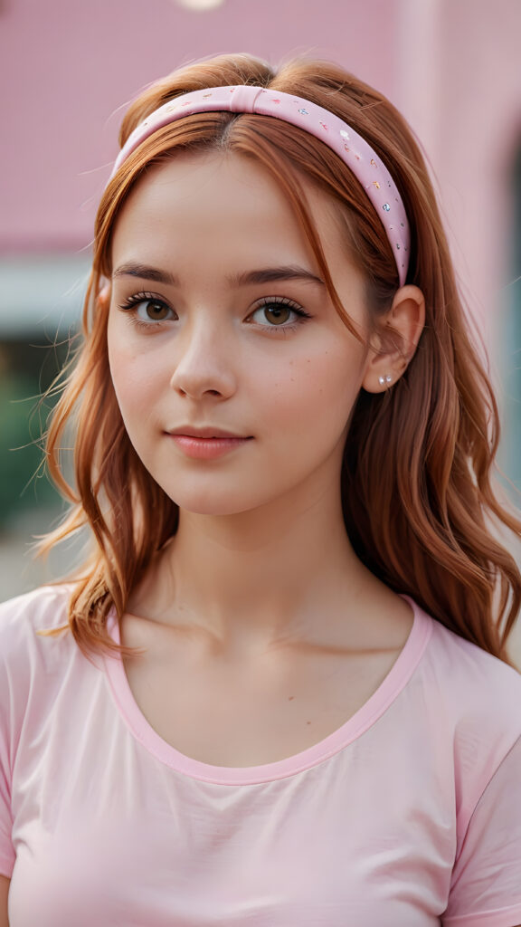 super realistic, 4k, detailed, a cute petite girl with long auburn hair in a ((plastic headband)), ((light pink t-shirt))