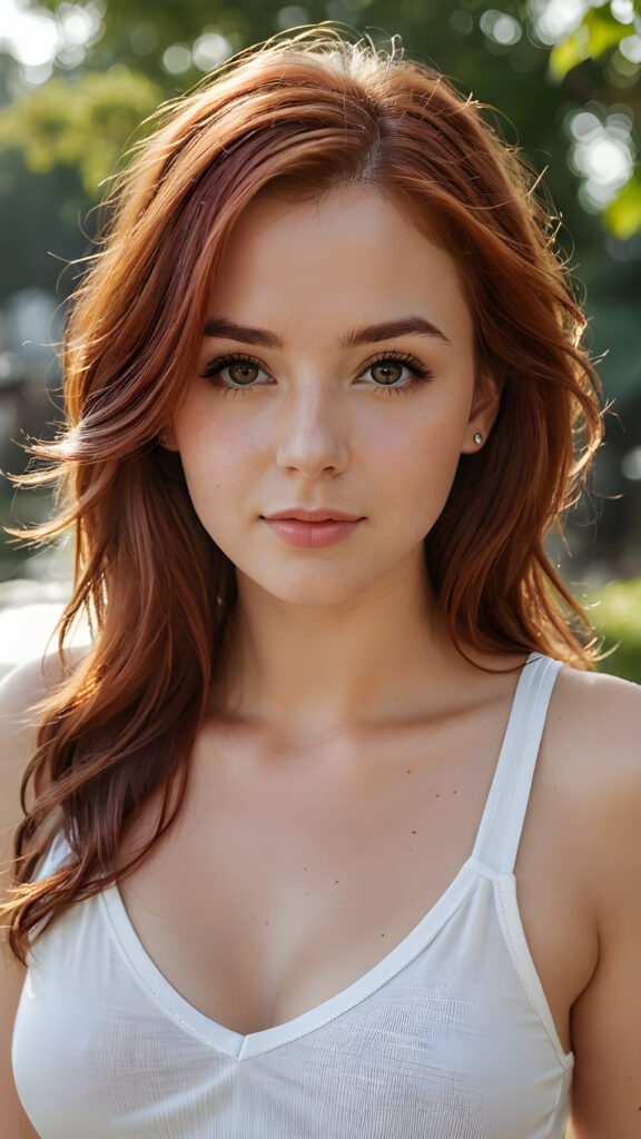 super realistic, detailed portrait, a beautiful young well busty girl with long auburn-red hair looks sweetly into the camera. She wears a white tank top with deep v-neck