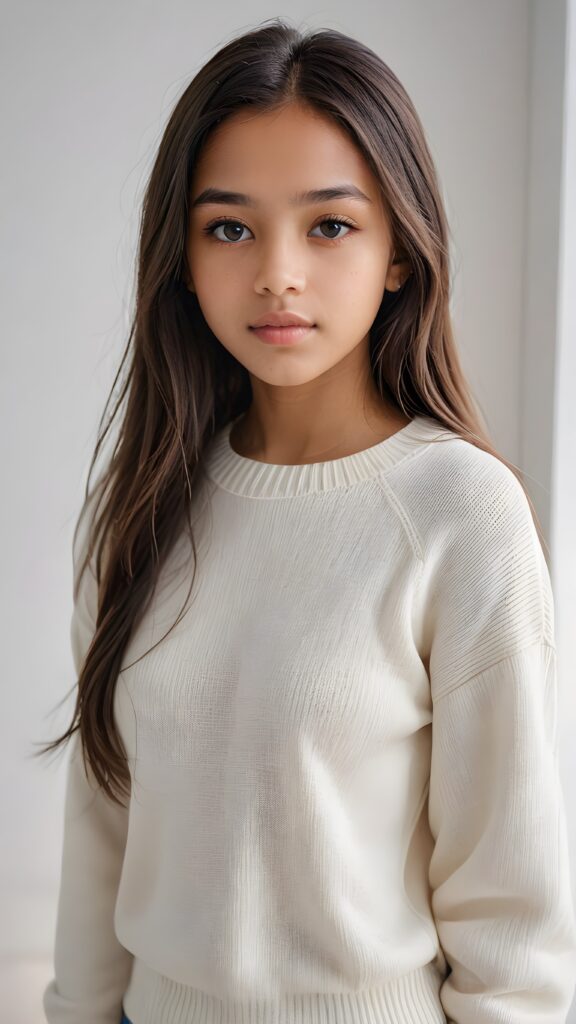 super realistic, detailed portrait, a beautiful young brown-skinned teen girl, 14 years old, perfect body, ((with long soft straight hair)), and ((full lips)), looks sweetly into the camera, she wears a thin crop ((white sweater)) against ((light background))