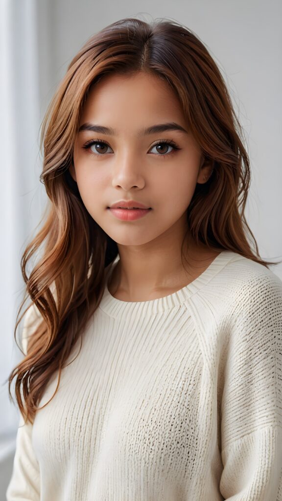 super realistic, detailed portrait, a beautiful young brown-skinned teen girl, 14 years old, perfect body, with long soft brown straight hair, and ((full lips)), looks sweetly into the camera, she wears a thin crop ((white sweater)) against ((light background))