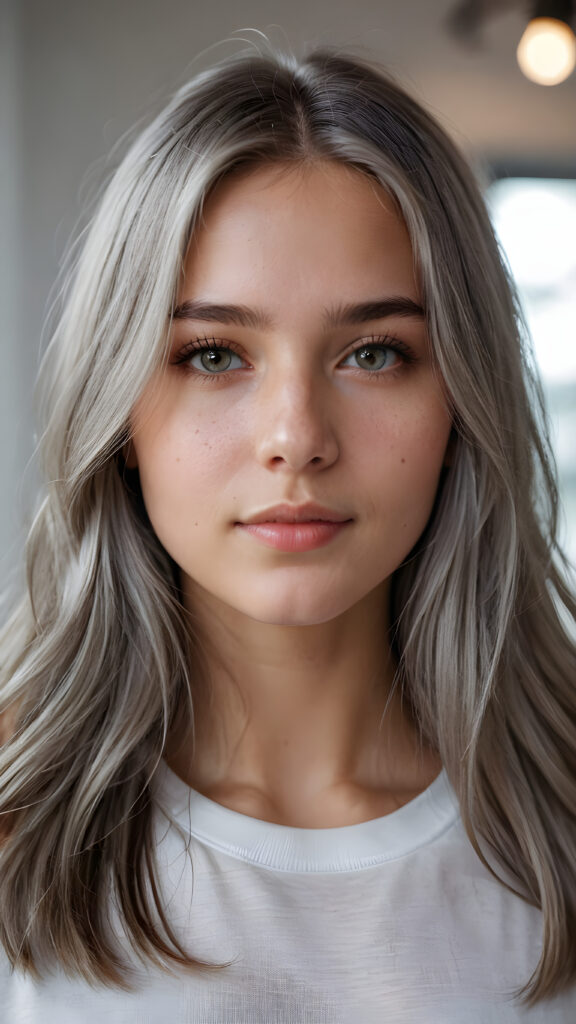 super realistic, detailed portrait, a beautiful young girl with super soft COLOR long hair looks sweetly into the camera. She wears a white t-shirt