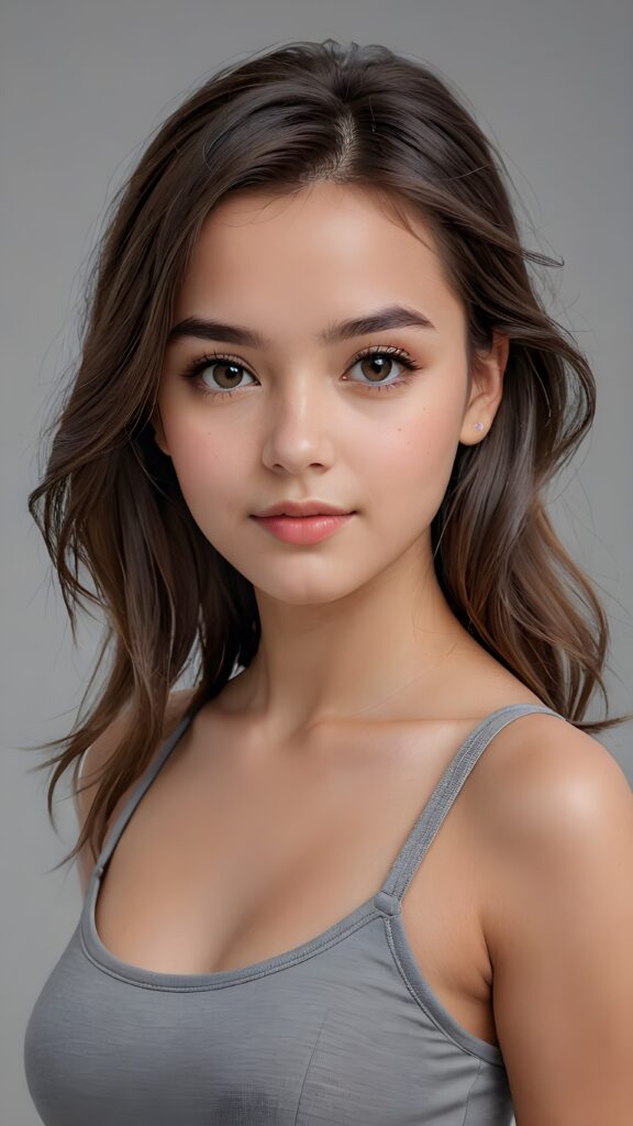 super realistic, 4k, detailed face, perfect curved body, cute young girl, straight hair, crop top, looks at the camera, portrait shot, grey background