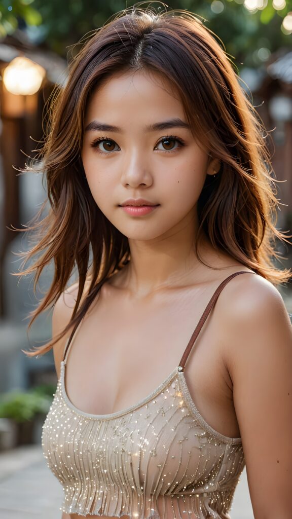 super realistic, cinematic lights, detailed face, perfect curved body, cute 16 years old asia girl, long detailed straight amber hair, brown detailed eyes, wear short tight tank top, looks sadly at the camera, portrait shot