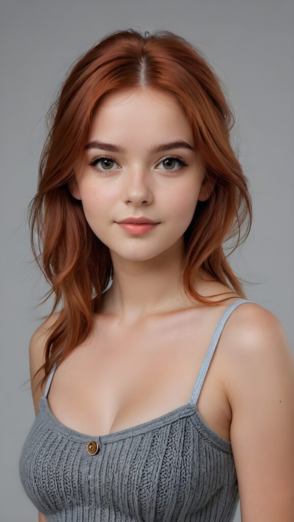 super realistic, 4k, detailed face, perfect curved body, well busty cute young teen girl, 16 years old, straight auburn-red hair, crop top made of fine wool, looks at the camera, portrait shot, grey background