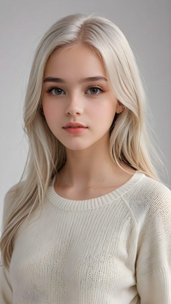 super realistic, detailed portrait, a beautiful young teen girl, 14 years old, perfect body, ((with long soft platinum white straight hair)), and ((full lips)), looks sweetly into the camera, she wears a thin crop ((white sweater)) against ((light background))