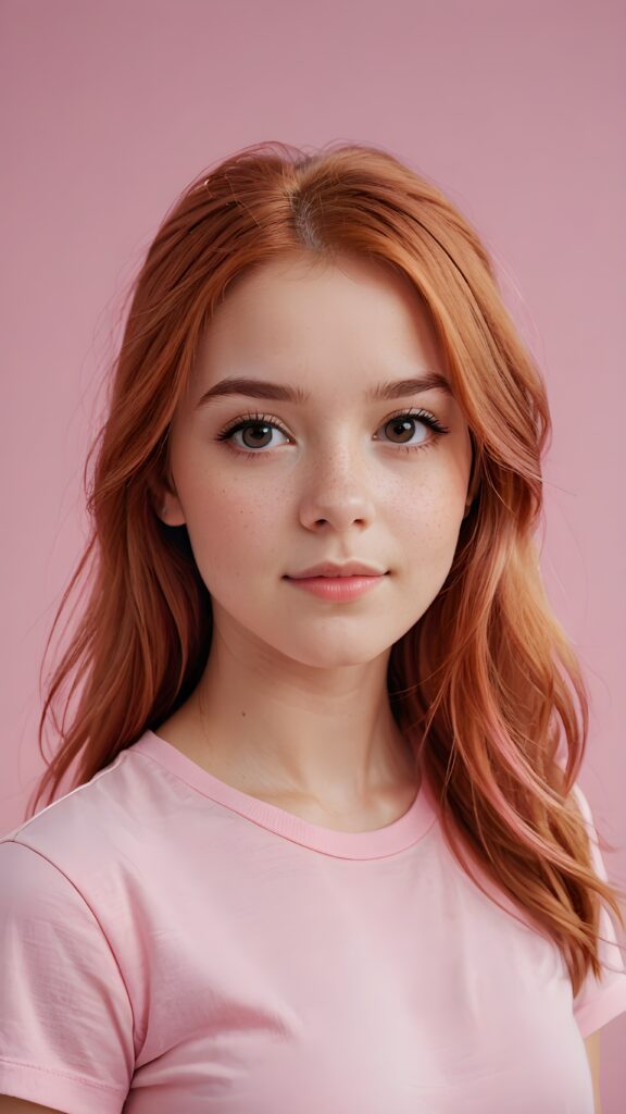 super realistic, 4k, detailed face, perfect curved body, cute young teen girl, long straight (light red hair), looks at the camera, portrait shot, white background, ((pink t-shirt))