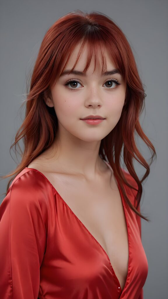 super realistic, 4k, detailed face, perfect curved body, cute young teen girl, bangs cut, straight red hair, red nightsuit made of silk, looks at the camera, portrait shot, grey background