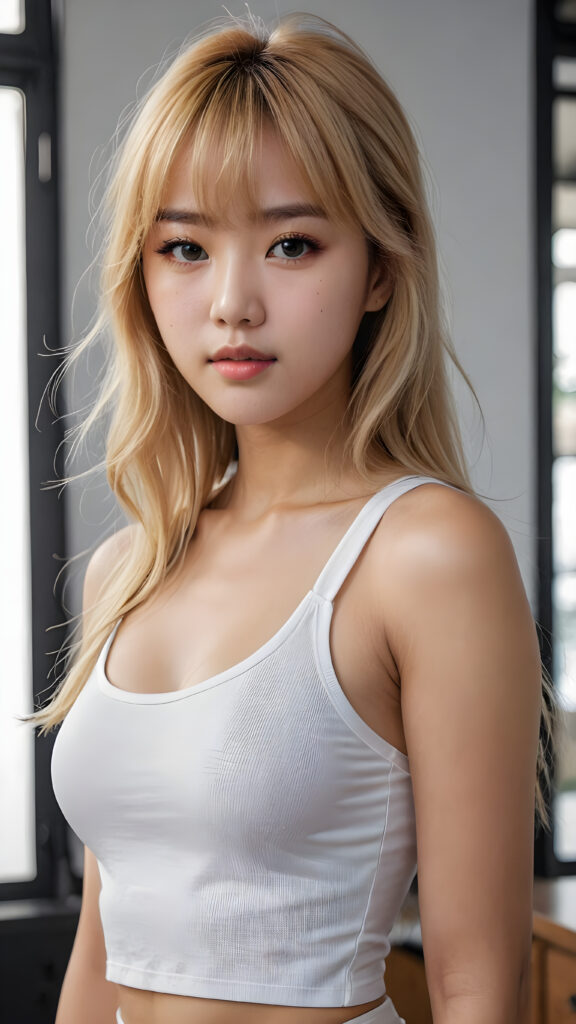 super realistic, 4k, detailed face, perfect curved body, cute Korea teen girl, long blonde straight super soft hair, Korean styled bangs, wear only a white short tight tank top, looks at the camera, portrait shot