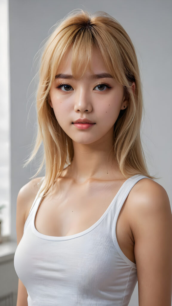 super realistic, 4k, detailed face, perfect curved body, cute Korea teen girl, long blonde straight super soft hair, Korean styled bangs, wear only a white short tight tank top, looks at the camera, portrait shot