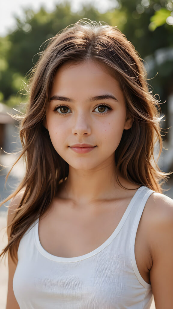 super realistic, detailed portrait, a beautiful young petite girl with long brown hair looks sweetly into the camera. She wears a white tank top