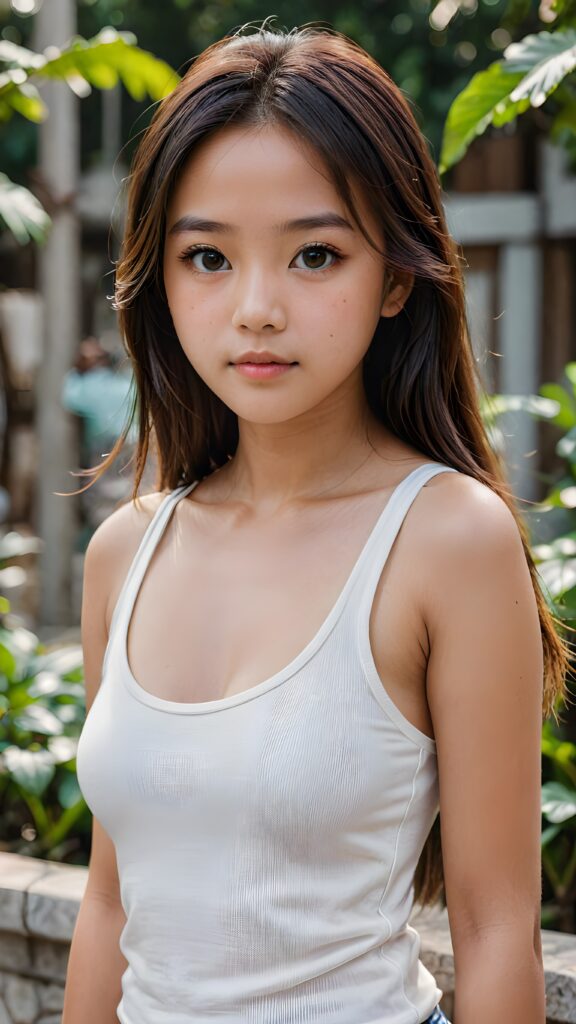 super realistic, detailed face, cute 14 years old Asian girl, long straight hair, realistic detailed eyes, wear white short tight tank top, looks sadly at the camera, perfect curved body