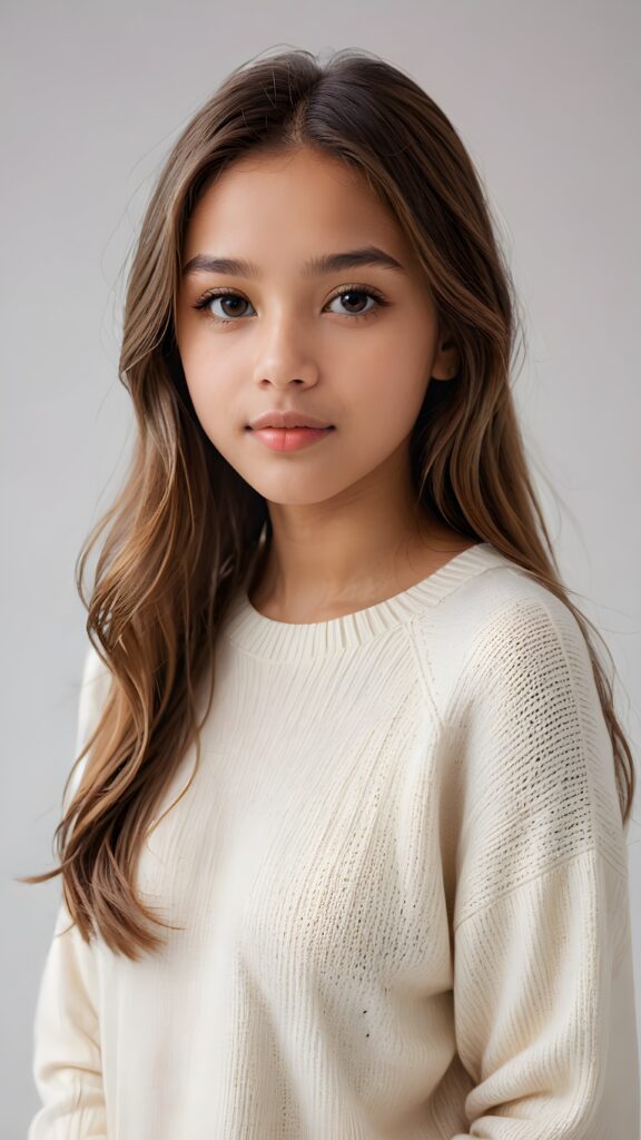 super realistic, detailed portrait, a beautiful young brown-skinned teen girl, 14 years old, perfect body, with long soft brown-blonde straight hair, and ((full lips)), looks sweetly into the camera, she wears a thin crop ((white sweater)) against ((light background))