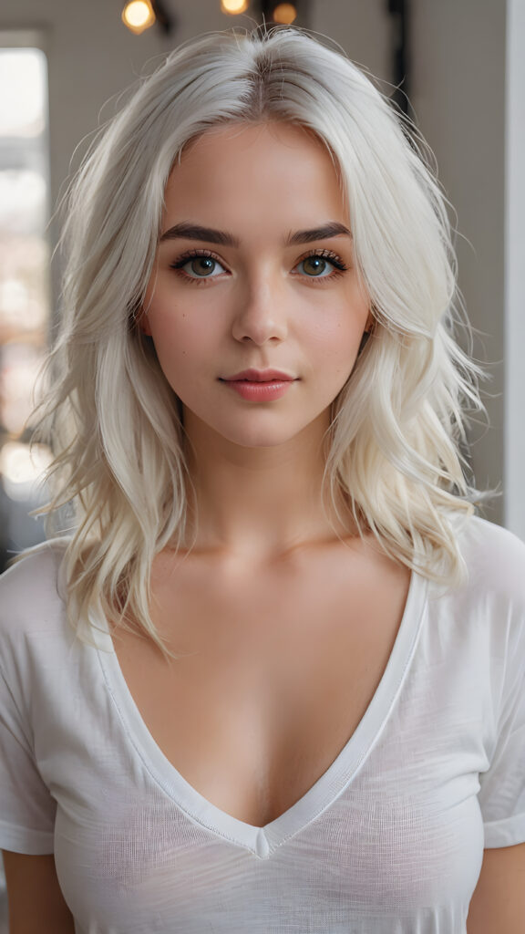 super realistic, detailed portrait, a beautiful young busty girl with long platinum white hair looks sweetly into the camera. She wears a white t-shirt with deep v-neck