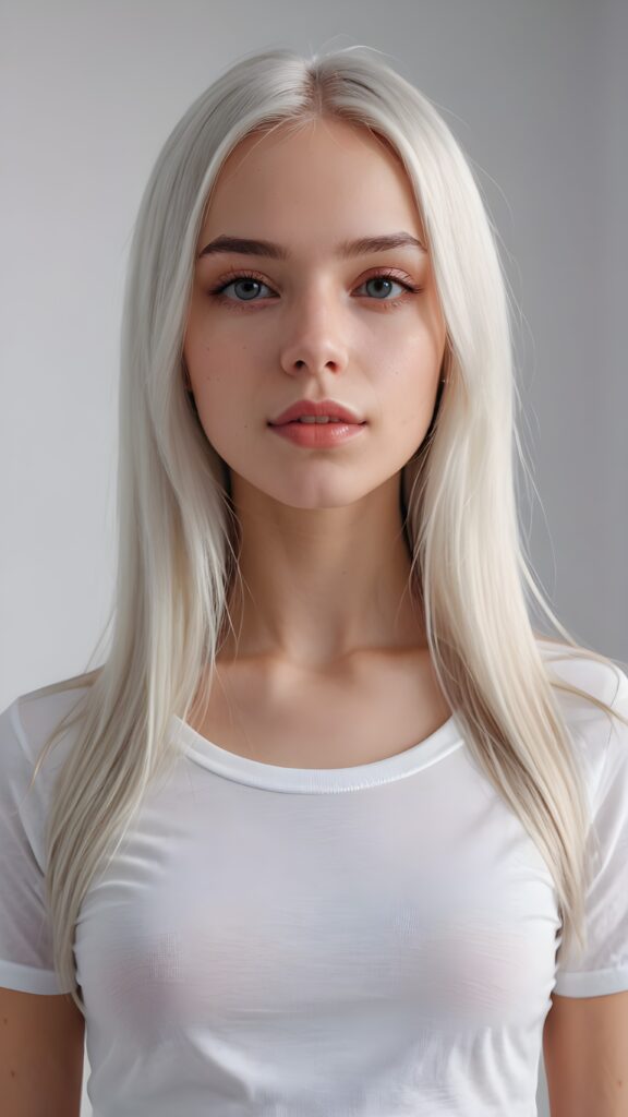 super realistic, detailed upper-body portrait, a beautiful young and petite girl, perfect body, ((with long soft platinum white straight hair)), and ((full lips)), looks sweetly into the camera, she wears a thin ((white crop t-shirt)) against ((light background))