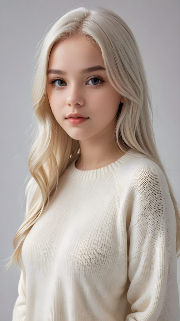 super realistic, detailed portrait, a beautiful young teen girl, 14 years old, perfect body, ((with long soft platinum white straight hair)), and ((full lips)), looks sweetly into the camera, she wears a thin crop ((white sweater)) against ((light background))