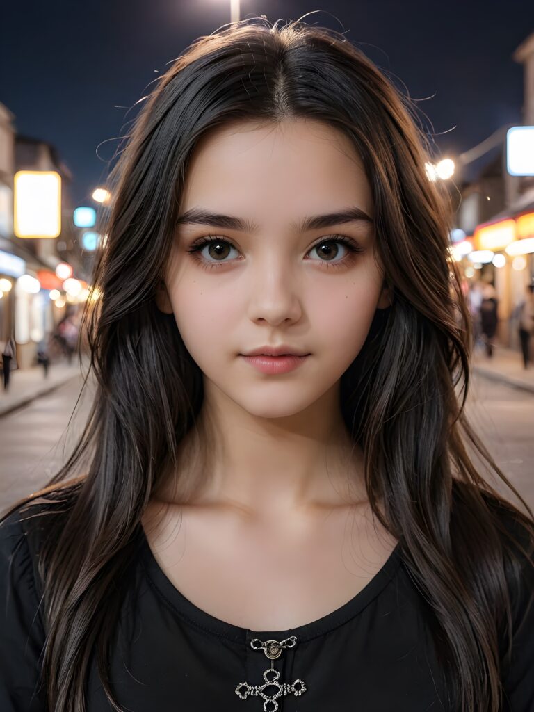 super realistic, detailed portrait, a beautiful young goth teen girl with long soft hair looks sweetly into the camera. She wears a black shirt