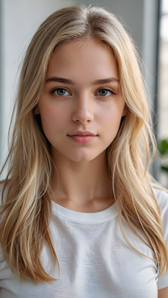 super realistic, detailed portrait, a beautiful young girl with super soft COLOR long hair looks sweetly into the camera. She wears a white t-shirt