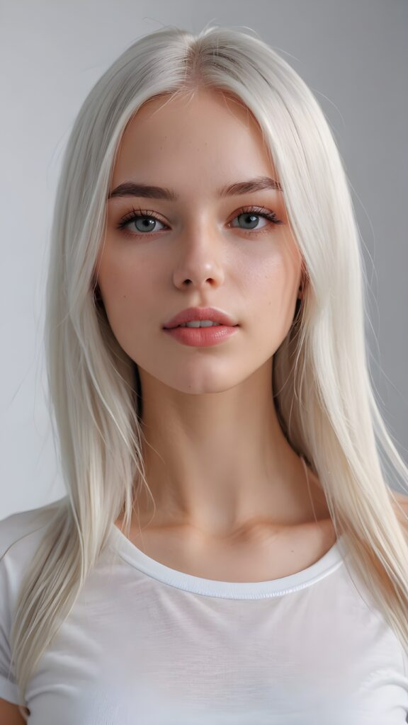 super realistic, detailed upper-body portrait, a beautiful young and petite girl, perfect body, ((with long soft platinum white straight hair)), and ((full lips)), looks sweetly into the camera, she wears a thin ((white crop t-shirt)) against ((light background))