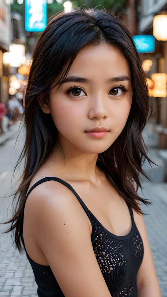 super realistic, cinematic lights, detailed face, perfect curved body, cute 16 years old asia girl, long detailed straight soft black hair, brown detailed eyes, wear short tight tank top, looks sadly at the camera, portrait shot