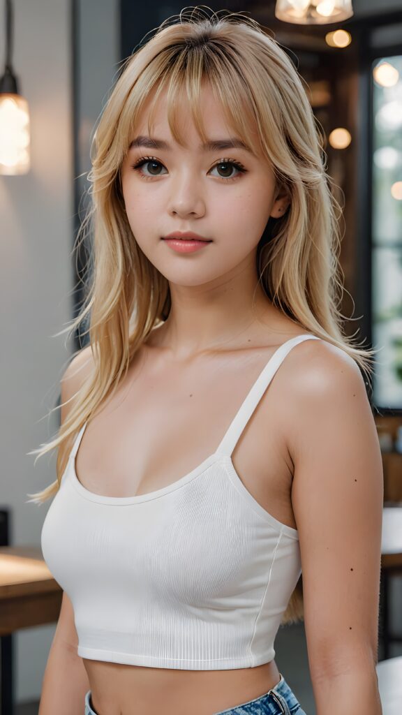 super realistic, 4k, detailed face, perfect curved body, cute teen girl, long blonde straight soft hair, Korean styled bangs, wear only a white short tight crop tank top, looks at the camera, perfect body, portrait shot