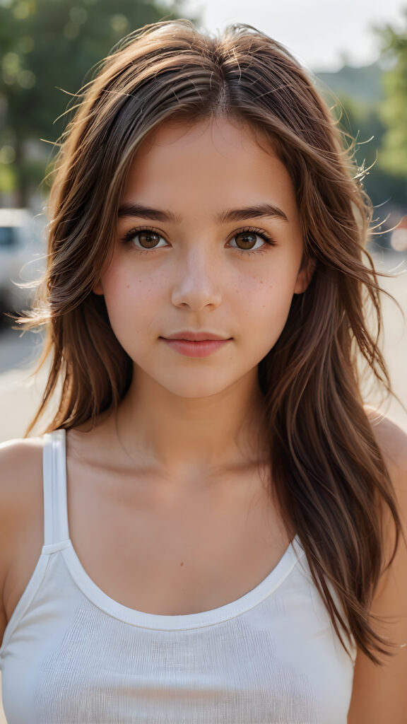 super realistic, detailed portrait, a beautiful young petite girl with long brown hair looks sweetly into the camera. She wears a white tank top