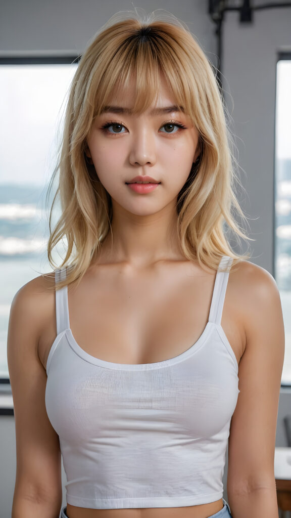 super realistic, 4k, detailed face, perfect curved body, cute Korea teen girl, long blonde straight super soft hair, Korean styled bangs, wear only a white short tight tank top, looks at the camera, portrait shot