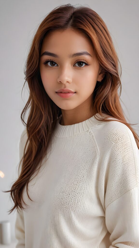 super realistic, detailed portrait, a beautiful young brown-skinned girl, perfect body, with long soft auburn-red straight hair, and ((full lips)), looks sweetly into the camera, she wears a thin crop ((white sweater)) against ((light background))