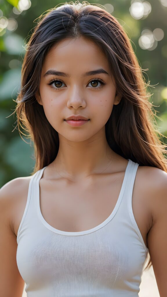 super realistic, detailed face, cute 17 years old Exotic girl, long straight hair, realistic detailed eyes, wear white short tight tank top, looks sadly at the camera, perfect curved body