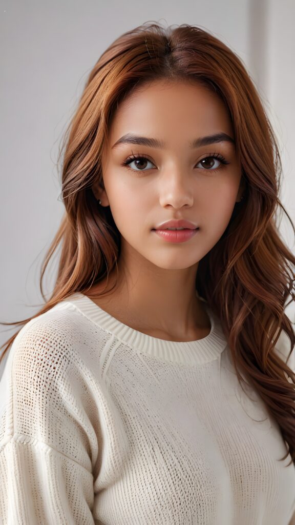 super realistic, detailed portrait, a beautiful young brown-skinned girl, perfect body, with long soft auburn-red straight hair, and ((full lips)), looks sweetly into the camera, she wears a thin crop ((white sweater)) against ((light background))