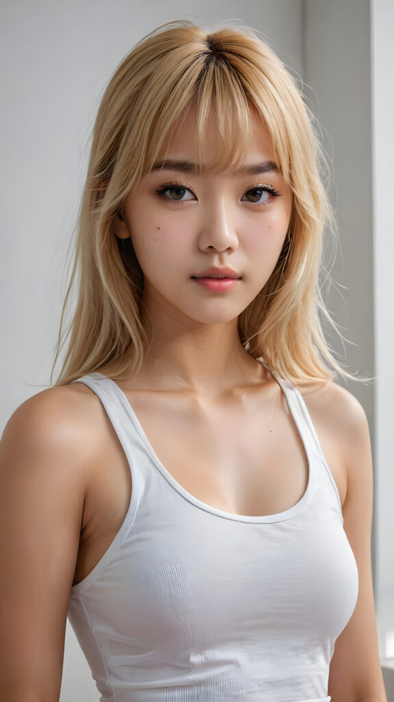 super realistic, 4k, detailed face, perfect curved body, cute Korea teen girl, long blonde straight super soft hair, Korean styled bangs, wear only a white short tight tank top, looks at the camera, portrait shot