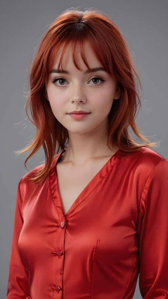 super realistic, 4k, detailed face, perfect curved body, cute young teen girl, bangs cut, straight red hair, red nightsuit made of silk, looks at the camera, portrait shot, grey background