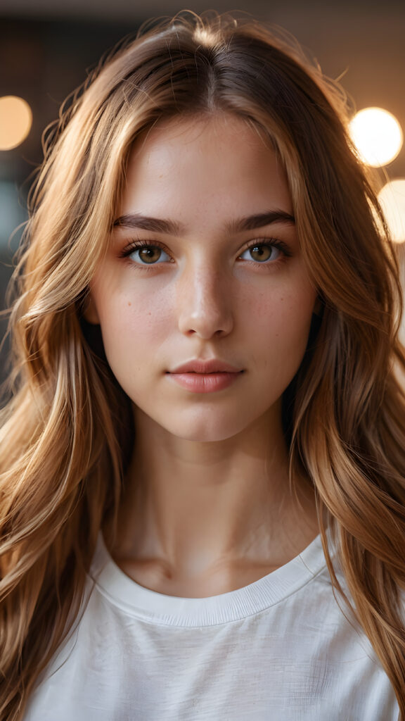 super realistic, detailed portrait, a beautiful young girl with super soft COLOR long hair looks sweetly into the camera. She wears a white t-shirt