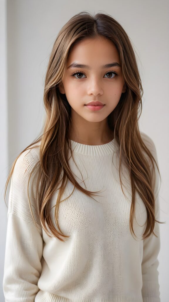 super realistic, detailed portrait, a beautiful young brown-skinned teen girl, 14 years old, perfect body, with long soft blonde straight hair, and ((full lips)), looks sweetly into the camera, she wears a thin crop ((white sweater)) against ((light background))