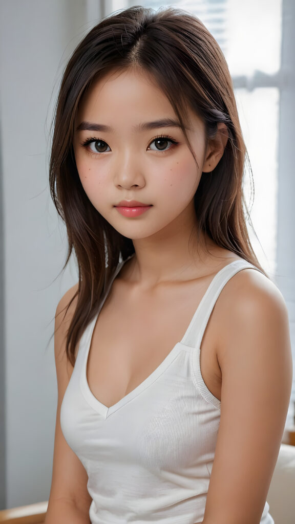 super realistic, detailed face, cute innocent 14 years old Asian girl, long straight super soft hair, realistic detailed eyes, wear white short plain tight tank top with deep v-neck, looks sadly at the camera, perfect curved body