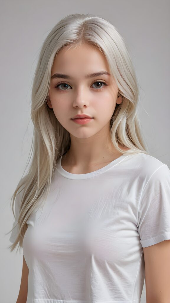 super realistic, detailed upper-body portrait, a beautiful young teen girl, 14 years old, perfect body, ((with long soft platinum white straight hair)), and ((full lips)), looks sweetly into the camera, she wears a thin ((white crop t-shirt)) against ((light background))