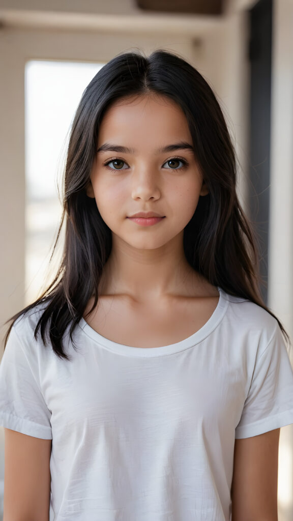 super realistic, detailed portrait, a beautiful young girl, 13 years old, with long soft obsidian black hair looks sweetly into the camera, ((she wears a white plain t-shirt))