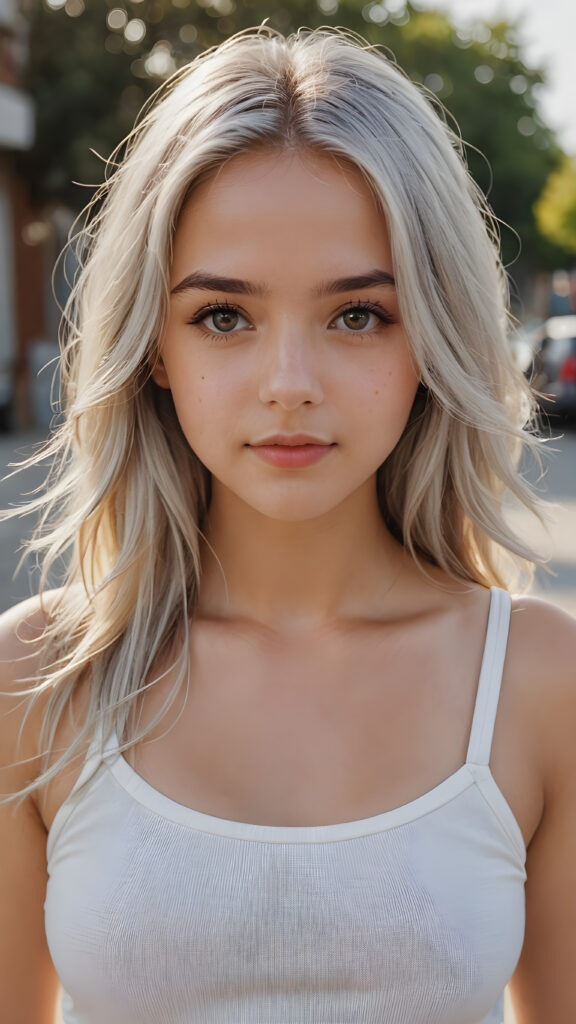 super realistic, detailed portrait, a beautiful young girl with long silver hair looks sweetly into the camera. She wears a white short tank top