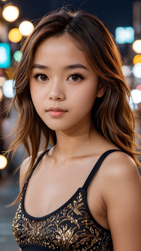 super realistic, cinematic lights, detailed face, perfect curved body, cute 16 years old asia girl, long detailed straight amber hair, brown detailed eyes, wear short tight tank top, looks sadly at the camera, portrait shot