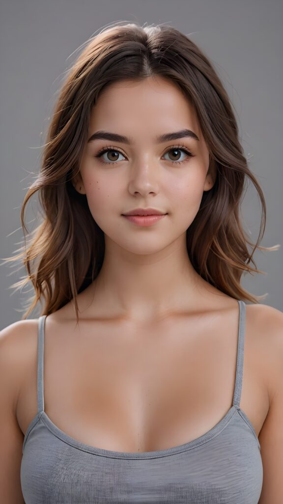 super realistic, 4k, detailed face, perfect curved body, well busty cute young girl, straight hair, crop top, looks at the camera, portrait shot, grey background