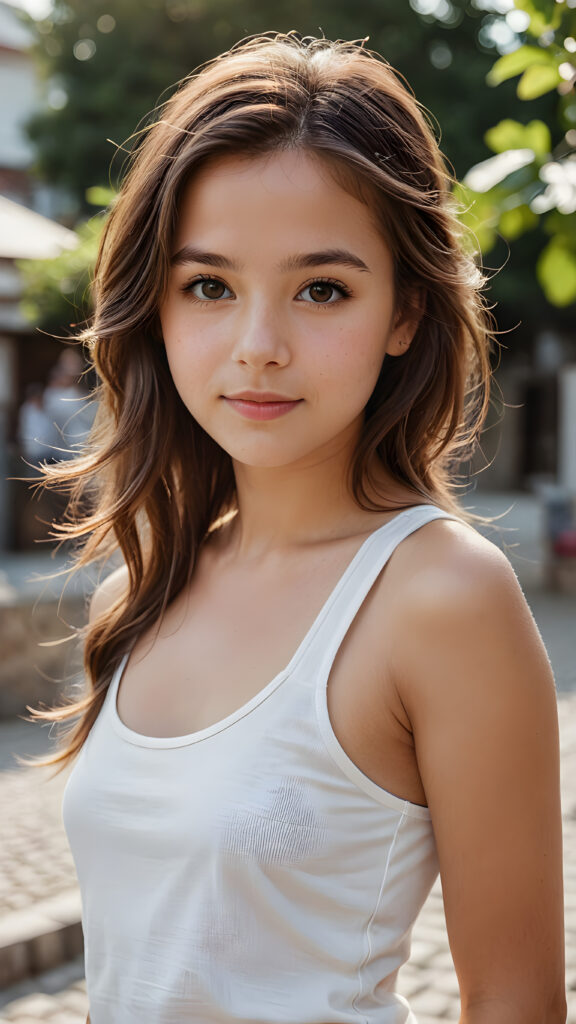 super realistic, detailed portrait, a beautiful young petite girl with long brown hair looks sweetly into the camera. She wears a white tank top