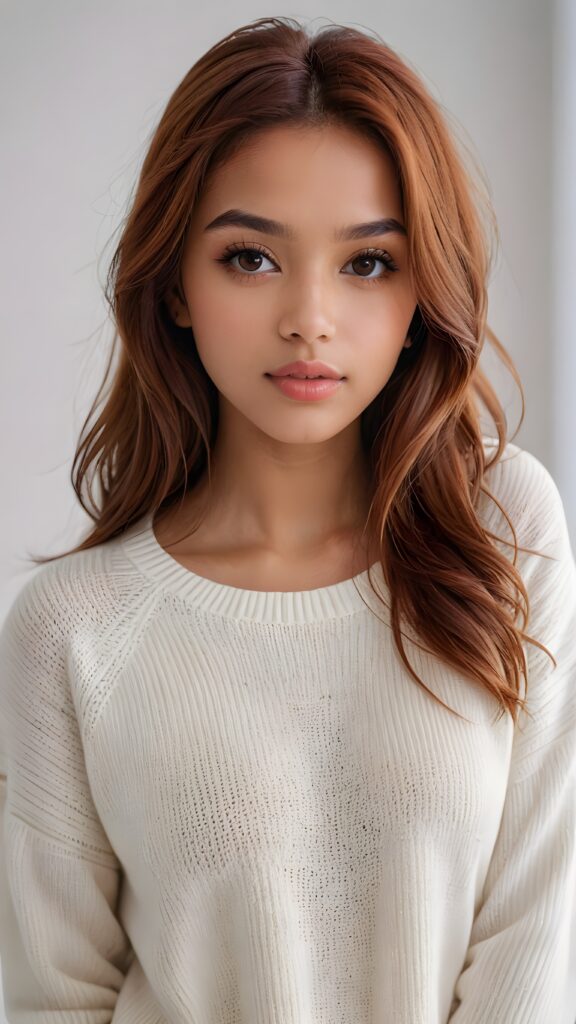 super realistic, detailed portrait, a beautiful young brown-skinned girl, perfect body, with long soft auburn-red straight hair, and ((full lips)), looks sweetly into the camera, she wears a thin crop ((white sweater)) against ((light background))