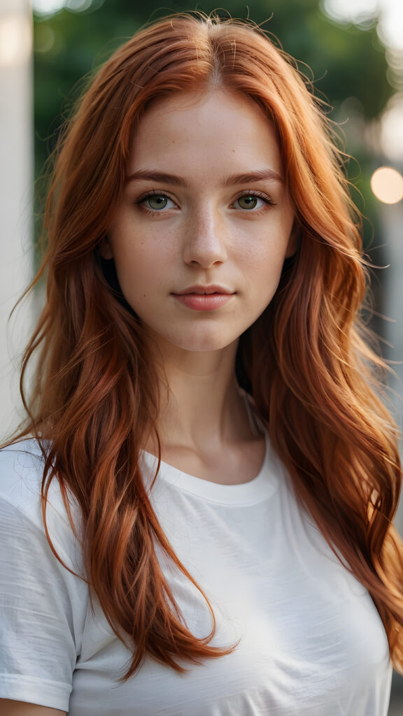 super realistic, detailed portrait, a beautiful young girl with super soft COLOR long hair looks sweetly into the camera. She wears a white t-shirt