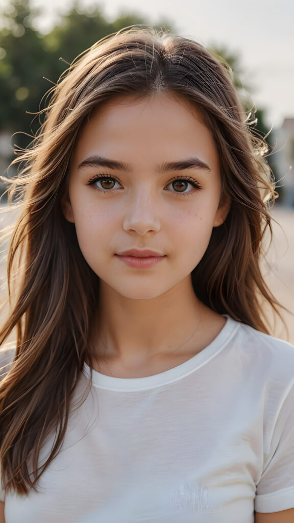 super realistic, detailed portrait, a beautiful young girl with long hair looks sweetly into the camera. She wears a white t-shirt