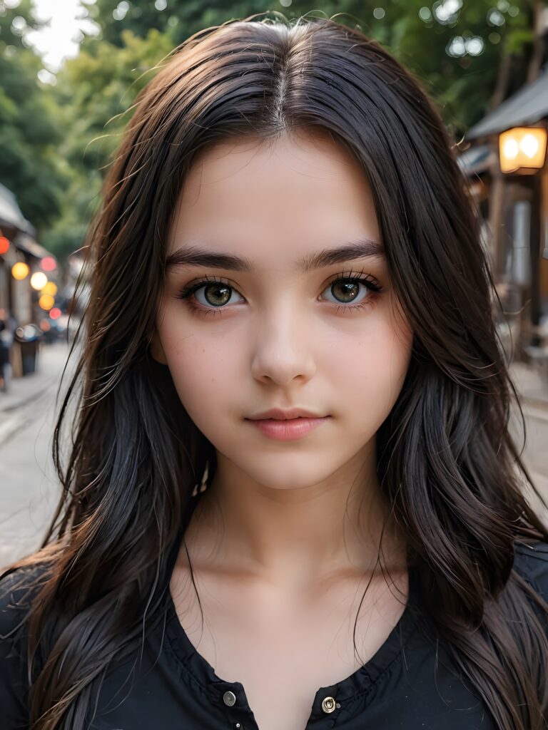 super realistic, detailed portrait, a beautiful young goth teen girl with long soft hair looks sweetly into the camera. She wears a black shirt