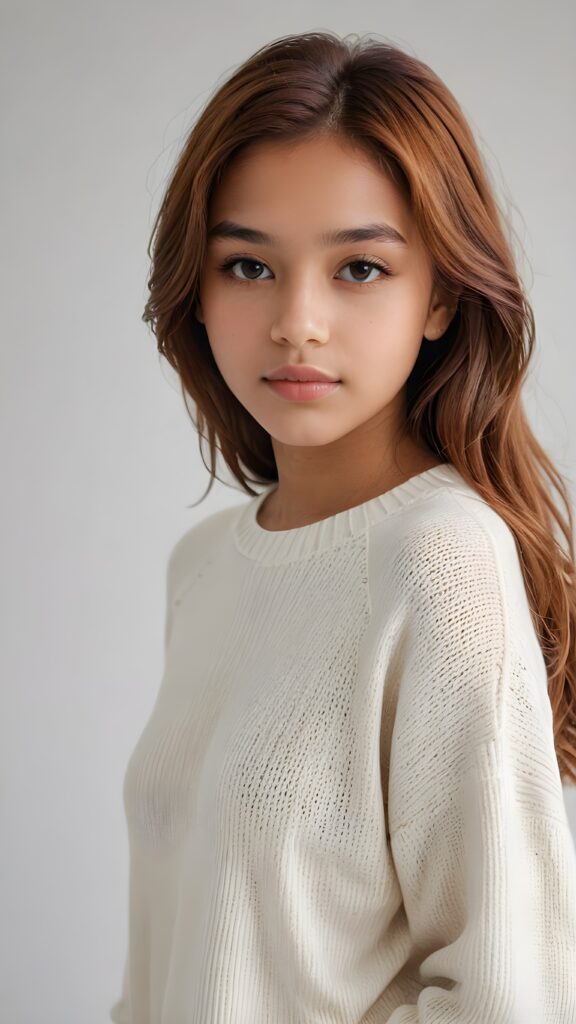 super realistic, detailed portrait, a beautiful young brown-skinned teen girl, 14 years old, perfect body, with long soft brown straight hair, and ((full lips)), looks sweetly into the camera, she wears a thin crop ((white sweater)) against ((light background))