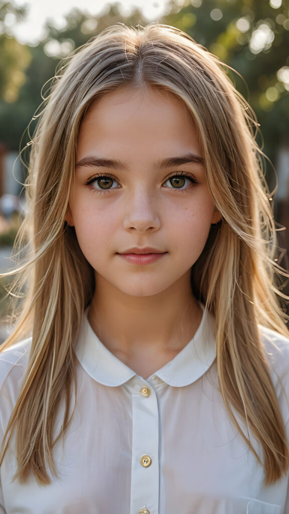 super realistic, detailed portrait, a beautiful young girl, 13 years old, with long soft straight gold hair looks sweetly into the camera. She wears a white shirt