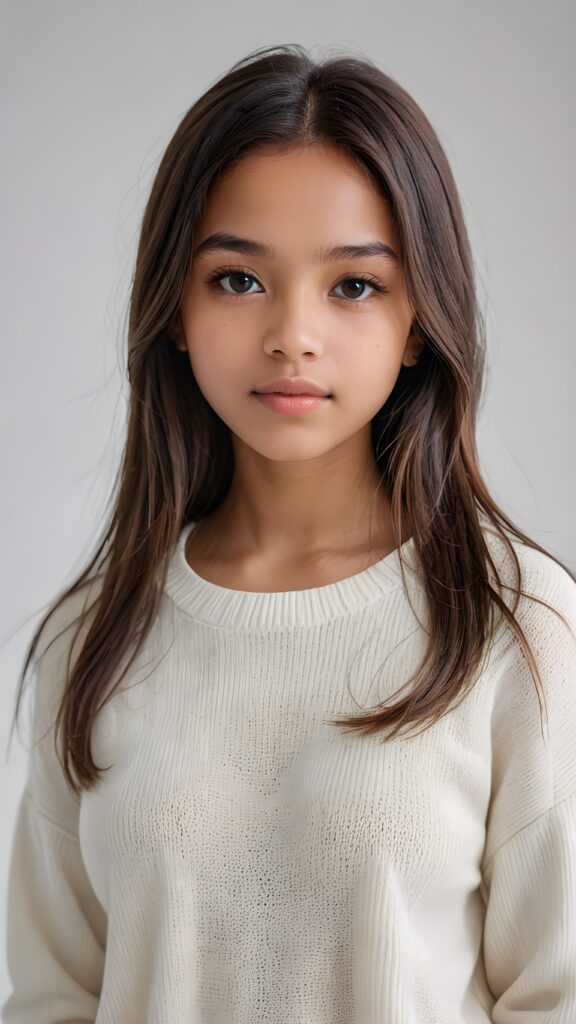 super realistic, detailed portrait, a beautiful young brown-skinned teen girl, 14 years old, perfect body, ((with long soft straight hair)), and ((full lips)), looks sweetly into the camera, she wears a thin crop ((white sweater)) against ((light background))