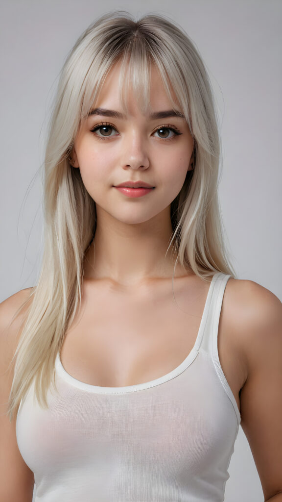 super realistic, 4k, detailed face, perfect curved body, cute teen girl, long white straight hair, bangs cut, wear only a white short tight tank top, looks at the camera, portrait shot