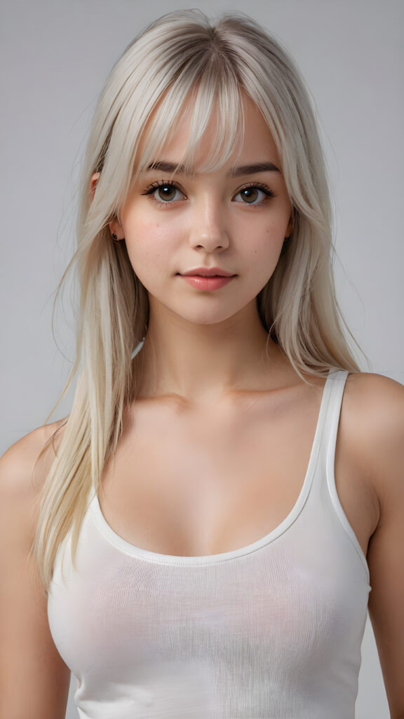 super realistic, 4k, detailed face, perfect curved body, cute teen girl, long white straight hair, bangs cut, wear only a white short tight tank top, looks at the camera, portrait shot